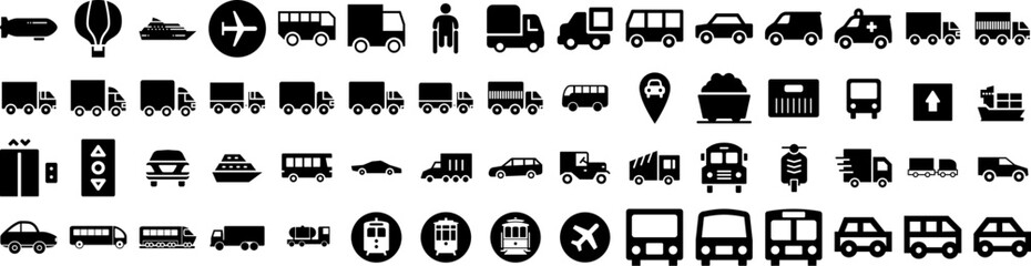 Set Of Transport Icons Isolated Silhouette Solid Icon With Plane, Cargo, Traffic, Ship, Truck, Transportation, Transport Infographic Simple Vector Illustration Logo