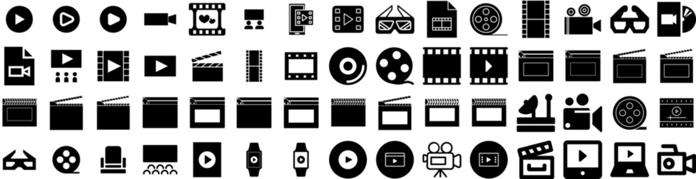Set Of Movie Icons Isolated Silhouette Solid Icon With Entertainment, Theater, Film, Cinema, Video, Movie, Illustration Infographic Simple Vector Illustration Logo