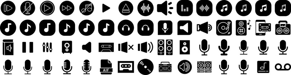 Set Of Audio Icons Isolated Silhouette Solid Icon With Illustration, Vector, Sound, Voice, Audio, Music, Wave Infographic Simple Vector Illustration Logo