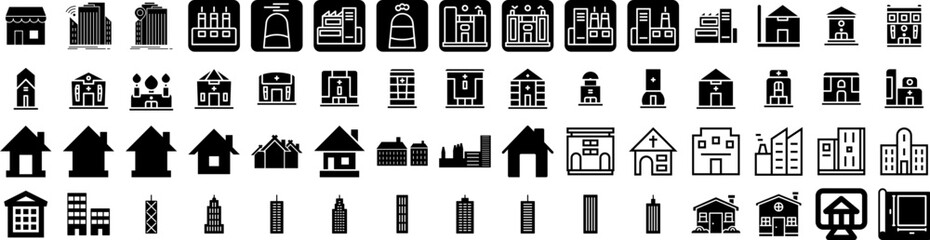 Set Of Building Icons Isolated Silhouette Solid Icon With City, Building, Office, Construction, Business, Architecture, Urban Infographic Simple Vector Illustration Logo
