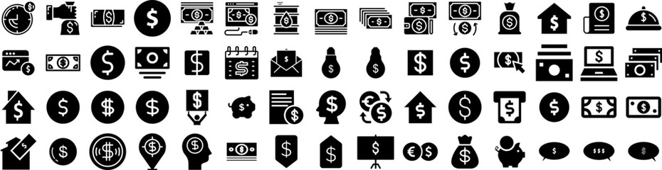 Set Of Dollar Icons Isolated Silhouette Solid Icon With Banking, Currency, Business, Finance, Money, Bank, Dollar Infographic Simple Vector Illustration Logo
