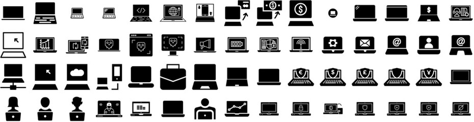 Set Of Laptop Icons Isolated Silhouette Solid Icon With Technology, Laptop, Notebook, Screen, Design, Computer, Isolated Infographic Simple Vector Illustration Logo