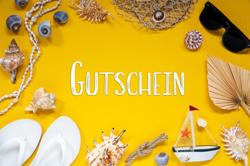 Yellow Summer Flat Lay With Accessories, Text Gutschein Means Voucher