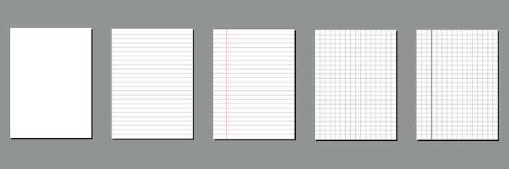 Set of realistic lined notepapers. Realistic white notepad sheets: striped, checkered, with margins, for writing, empty. 