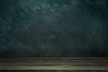 Empty room, wall and floor for product display mockup. Wall with plaster texture, rough strokes of palette knife paint on the surface. Abstract background for design.