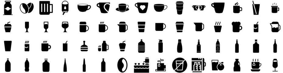 Set Of Drink Icons Isolated Silhouette Solid Icon With Young, Girl, Glass, Woman, Beverage, Drink, Lifestyle Infographic Simple Vector Illustration Logo