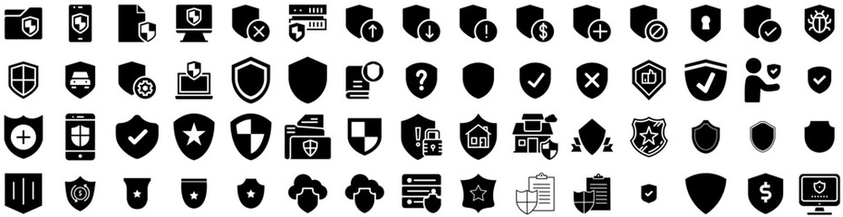 Set Of Shield Icons Isolated Silhouette Solid Icon With Protect, Protection, Symbol, Security, Shield, Design, Sign Infographic Simple Vector Illustration Logo