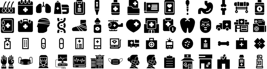 Set Of Medical Icons Isolated Silhouette Solid Icon With Health, Doctor, Care, Medical, Clinic, Medicine, Hospital Infographic Simple Vector Illustration Logo