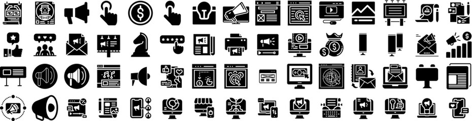 Set Of Advertising Icons Isolated Silhouette Solid Icon With Communication, Media, Concept, Business, Marketing, Advertising, Advertisement Infographic Simple Vector Illustration Logo