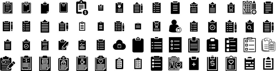 Set Of Clipboard Icons Isolated Silhouette Solid Icon With Document, Note, Clipboard, Board, Checklist, Office, Paper Infographic Simple Vector Illustration Logo