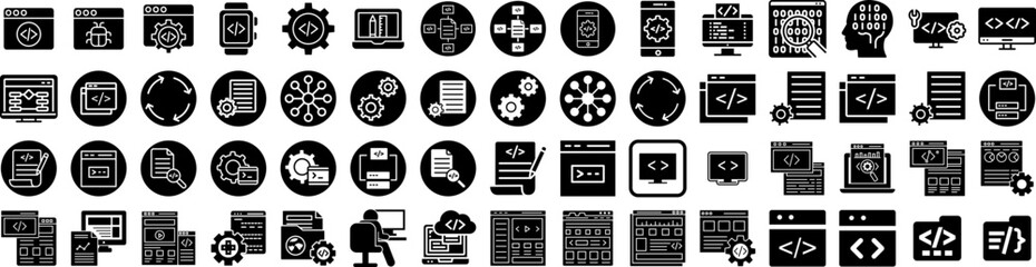 Set Of Coding Icons Isolated Silhouette Solid Icon With Scan, Code, Vector, Information, Technology, Mobile, Digital Infographic Simple Vector Illustration Logo