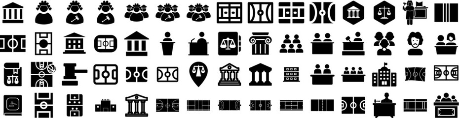 Set Of Court Icons Isolated Silhouette Solid Icon With Courtroom, Judgment, Justice, Legal, Court, Judge, Law Infographic Simple Vector Illustration Logo