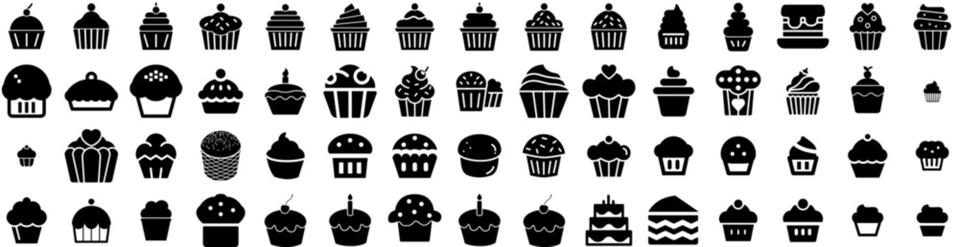Set Of Cupcake Icons Isolated Silhouette Solid Icon With Frosting, Isolated, Sweet, Cupcake, Cake, Food, Dessert Infographic Simple Vector Illustration Logo