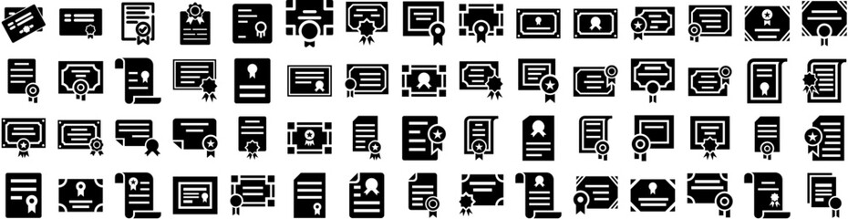 Set Of Diploma Icons Isolated Silhouette Solid Icon With Achievement, Graduation, Paper, Vector, Certificate, Diploma, Award Infographic Simple Vector Illustration Logo