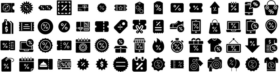 Set Of Discount Icons Isolated Silhouette Solid Icon With Price, Sale, Shop, Offer, Promotion, Discount, Percent Infographic Simple Vector Illustration Logo