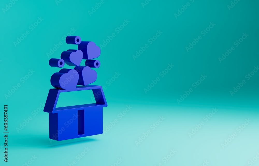 Sticker Blue Gift box with hearts icon isolated on blue background. Valentines day. Minimalism concept. 3D render illustration