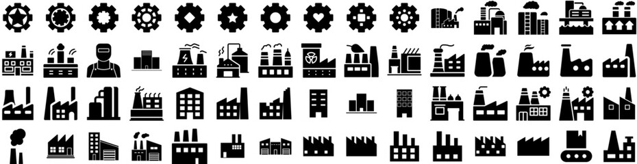 Set Of Factory Icons Isolated Silhouette Solid Icon With Manufacturing, Industrial, Industry, Factory, Plant, Technology, Production Infographic Simple Vector Illustration Logo