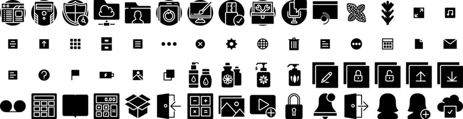 Set Of Essential Icons Isolated Silhouette Solid Icon With Aromatherapy, Essential, Bottle, Organic, Therapy, Medicine, Natural Infographic Simple Vector Illustration Logo