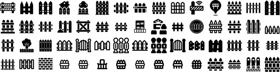 Fototapeta na wymiar Set Of Fence Icons Isolated Silhouette Solid Icon With Fence, Garden, Wall, Construction, Security, Outdoor, Background Infographic Simple Vector Illustration Logo