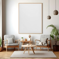 a mockup of an empty, blank poster, frame empty, in a bohemian Living Room with generative Ai.