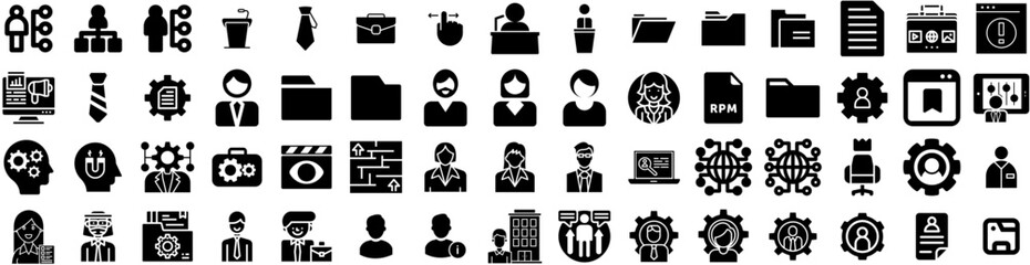 Set Of Manager Icons Isolated Silhouette Solid Icon With Computer, Manager, Management, Office, Teamwork, Business, Businessman Infographic Simple Vector Illustration Logo