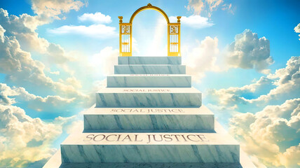 Social justice as stairs to reach out to the heavenly gate for reward, success and happiness.Social justice elevates and brings closer to the goals, achievements and final reward,3d illustration