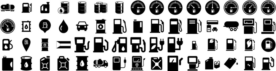 Set Of Petrol Icons Isolated Silhouette Solid Icon With Station, Fuel, Oil, Petrol, Energy, Gasoline, Gas Infographic Simple Vector Illustration Logo - obrazy, fototapety, plakaty