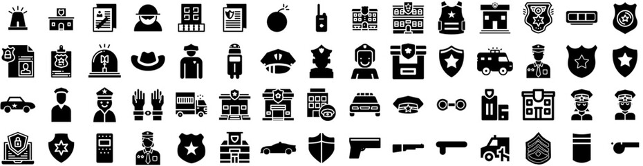 Set Of Police Icons Isolated Silhouette Solid Icon With Crime, Police, Officer, Vehicle, Emergency, Law, Car Infographic Simple Vector Illustration Logo