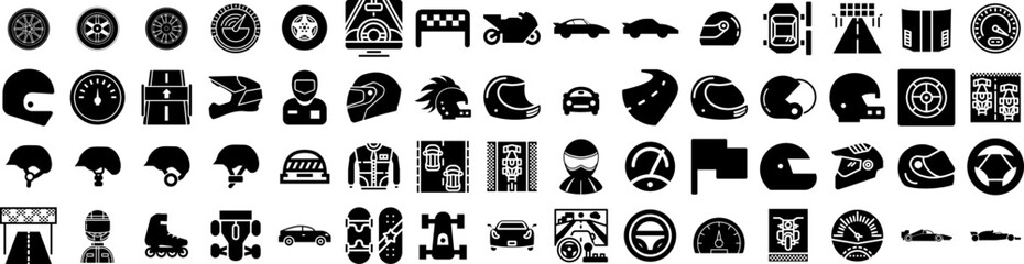 Set Of Racing Icons Isolated Silhouette Solid Icon With Fast, Competition, Race, Car, Sport, Drive, Speed Infographic Simple Vector Illustration Logo