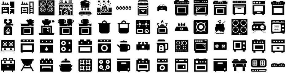 Set Of Stove Icons Isolated Silhouette Solid Icon With Burner, Home, Stove, Kitchen, Cooking, Fire, Gas Infographic Simple Vector Illustration Logo - obrazy, fototapety, plakaty