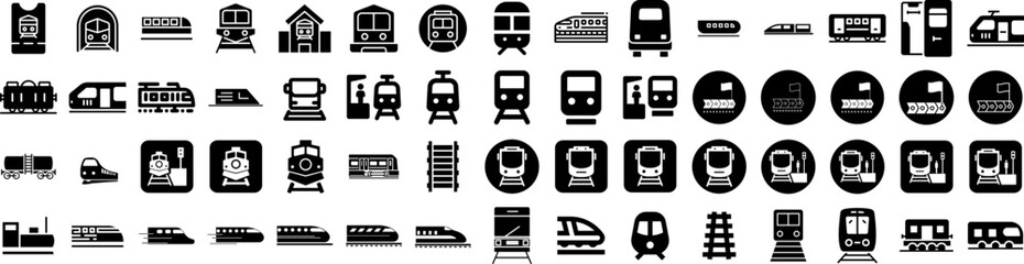 Set Of Train Icons Isolated Silhouette Solid Icon With Rail, Railway, Transport, Transportation, Train, Railroad, Travel Infographic Simple Vector Illustration Logo