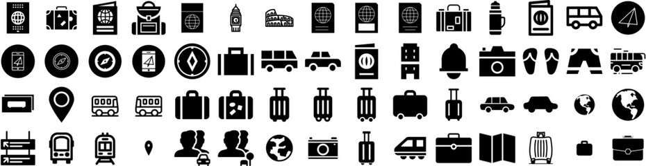 Set Of Travel Icons Isolated Silhouette Solid Icon With Trip, Journey, Airplane, Tourism, Travel, Vacation, Holiday Infographic Simple Vector Illustration Logo