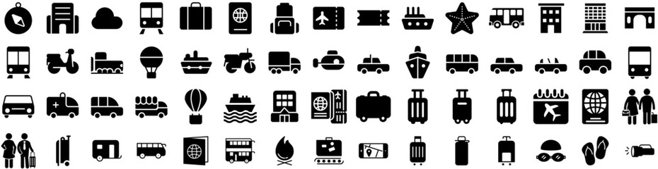 Set Of Traveling Icons Isolated Silhouette Solid Icon With Travel, Journey, Holiday, Trip, Airplane, Tourism, Vacation Infographic Simple Vector Illustration Logo