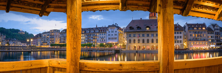 Fototapeta na wymiar Evening Panorama of Lucerne's Old Town, seen from the famous Chapel Bridge, Switzerland