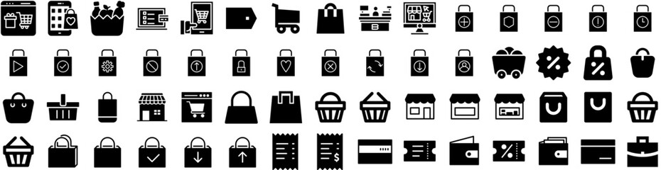 Set Of Shopping Icons Isolated Silhouette Solid Icon With Discount, Banner, Business, Sale, Buy, Store, Shop Infographic Simple Vector Illustration Logo