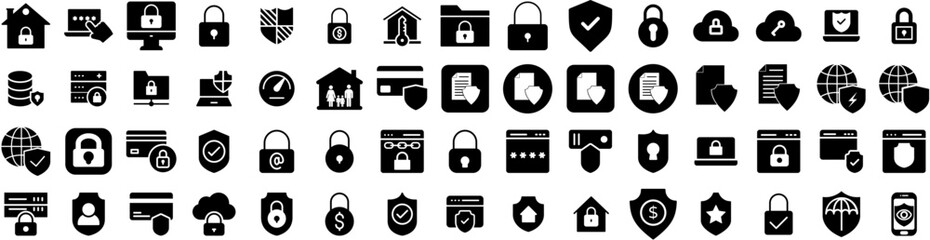 Set Of Secure Icons Isolated Silhouette Solid Icon With Technology, Protection, Computer, Internet, Secure, Safety, Security Infographic Simple Vector Illustration Logo
