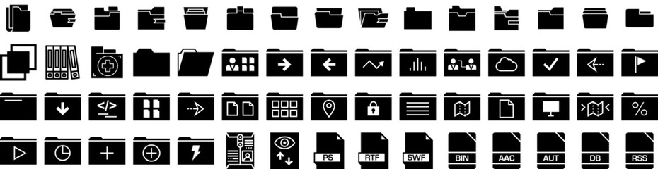 Set Of Folder Icons Isolated Silhouette Solid Icon With Paper, Document, Folder, Business, File, Open, Illustration Infographic Simple Vector Illustration Logo