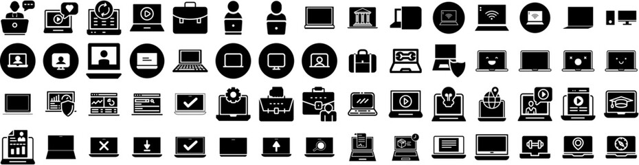 Set Of Laptop Icons Isolated Silhouette Solid Icon With Isolated, Notebook, Laptop, Screen, Design, Computer, Technology Infographic Simple Vector Illustration Logo