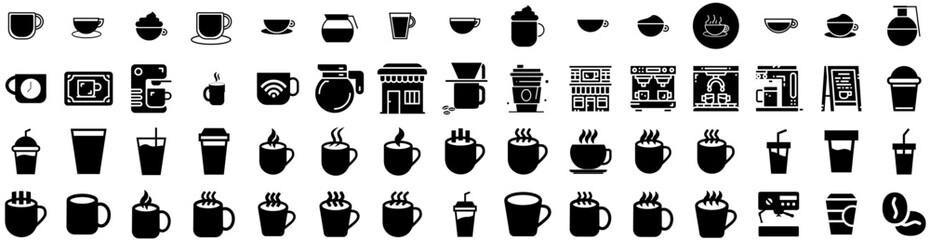 Set Of Coffee Icons Isolated Silhouette Solid Icon With Coffee, Espresso, Beverage, Background, Cafe, Drink, Black Infographic Simple Vector Illustration Logo