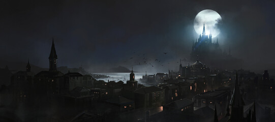 Medieval European old city, 3D illustration.