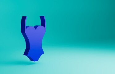 Fototapeta na wymiar Blue Summer beach swimsuit icon isolated on blue background. Beach women fashion. Minimalism concept. 3D render illustration