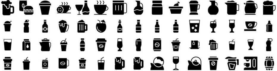 Set Of Drink Icons Isolated Silhouette Solid Icon With Lifestyle, Young, Drink, Beverage, Woman, Girl, Glass Infographic Simple Vector Illustration Logo