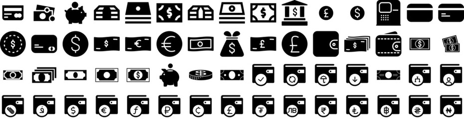 Set Of Currency Icons Isolated Silhouette Solid Icon With Payment, Business, Currency, Finance, Exchange, Cash, Money Infographic Simple Vector Illustration Logo