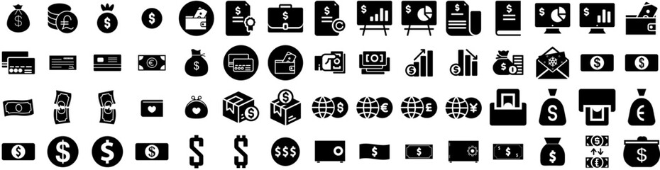 Set Of Money Icons Isolated Silhouette Solid Icon With Cash, Dollar, Payment, Finance, Business, Currency, Money Infographic Simple Vector Illustration Logo