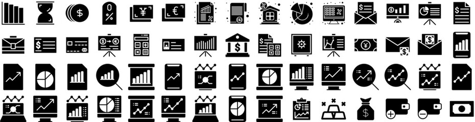 Set Of Finance Icons Isolated Silhouette Solid Icon With Financial, Investment, Finance, Money, Business, Growth, Economy Infographic Simple Vector Illustration Logo