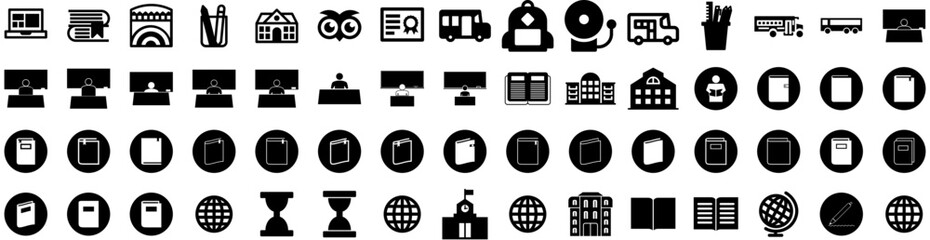 Set Of School Icons Isolated Silhouette Solid Icon With Concept, Study, Student, Back, Book, School, Education Infographic Simple Vector Illustration Logo
