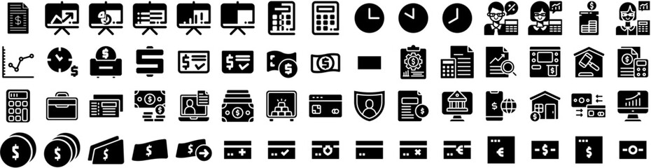 Fototapeta na wymiar Set Of Finance Icons Isolated Silhouette Solid Icon With Economy, Finance, Investment, Business, Growth, Financial, Money Infographic Simple Vector Illustration Logo