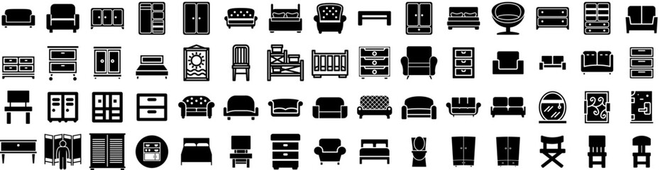 Set Of Furniture Icons Isolated Silhouette Solid Icon With Room, Table, Furniture, Interior, Design, Home, Living Infographic Simple Vector Illustration Logo