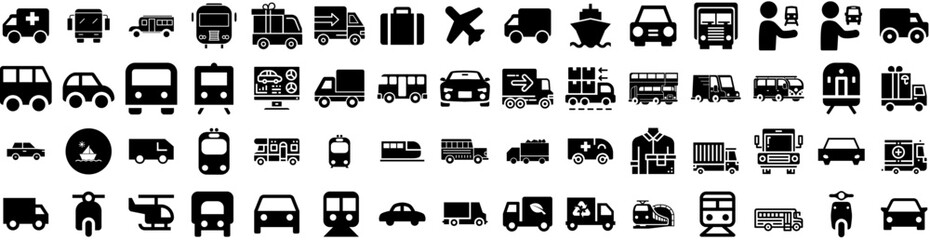 Set Of Transport Icons Isolated Silhouette Solid Icon With Truck, Transport, Transportation, Traffic, Ship, Plane, Cargo Infographic Simple Vector Illustration Logo