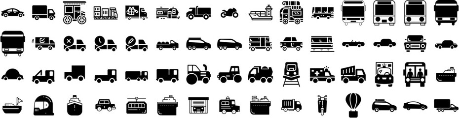 Set Of Transport Icons Isolated Silhouette Solid Icon With Traffic, Plane, Transportation, Transport, Ship, Cargo, Truck Infographic Simple Vector Illustration Logo
